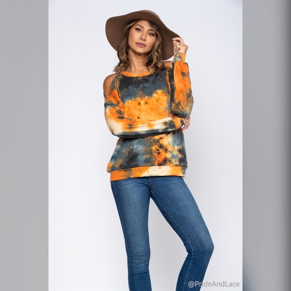 BLACK/RUST TIE DYE COLD SHOULDER TOP
